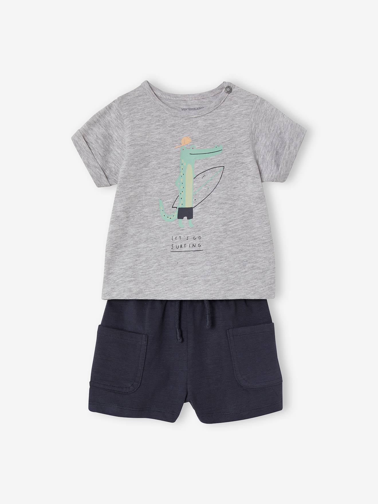 Set babyshirt met print en baggy short gechineerd lichtgrijs