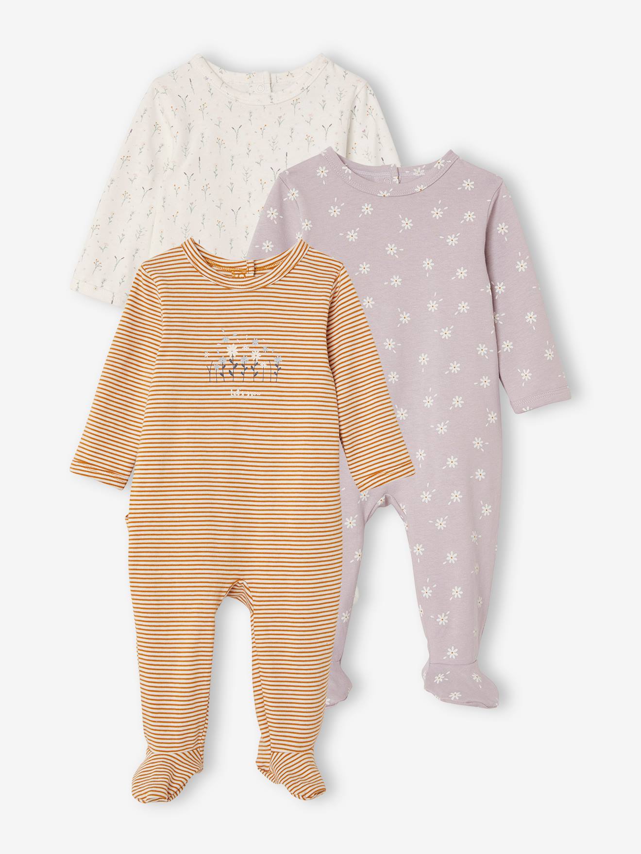 Set van 3 katoenen babypyjama's met opening op de rug Oeko Tex® set ivoor