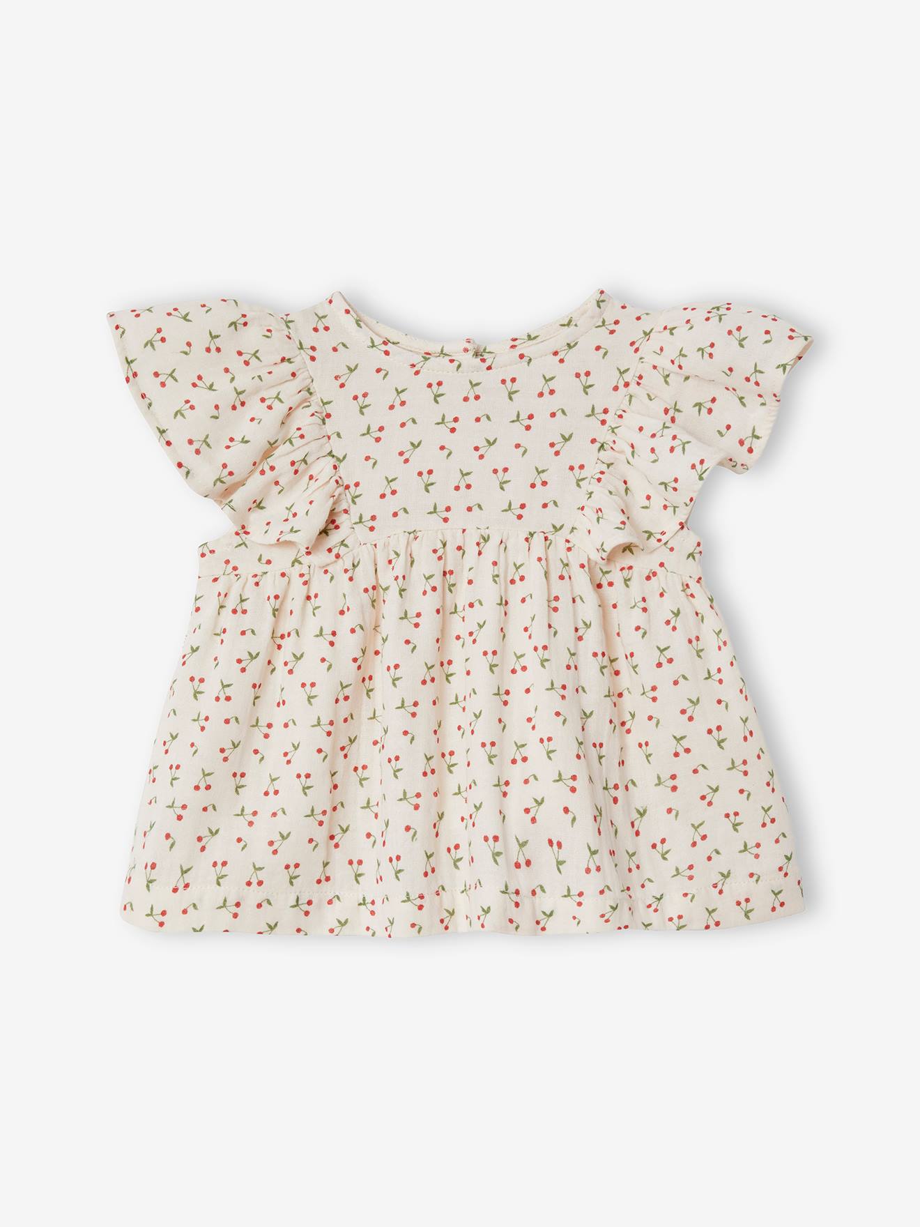 Babyblouse met ruches lichtroze met print