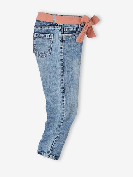 Jeans 'mom fit' met riem van katoengaas voor meisjes denim zwart+double stone - vertbaudet enfant 