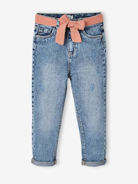 Jeans 'mom fit' met riem van katoengaas voor meisjes denim zwart+double stone - vertbaudet enfant 