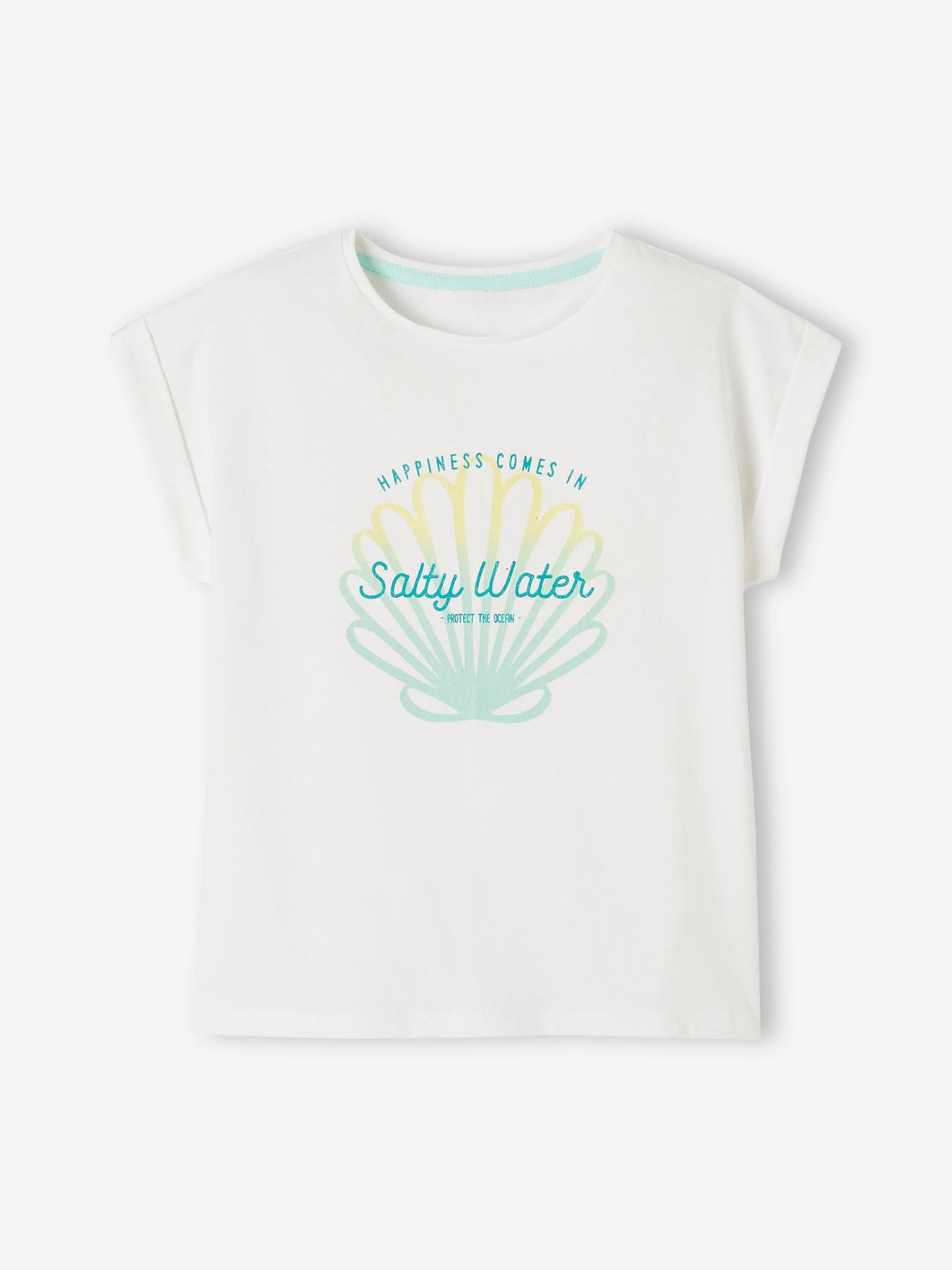 Meisjes t-shirt met iriserende schelpen. wit