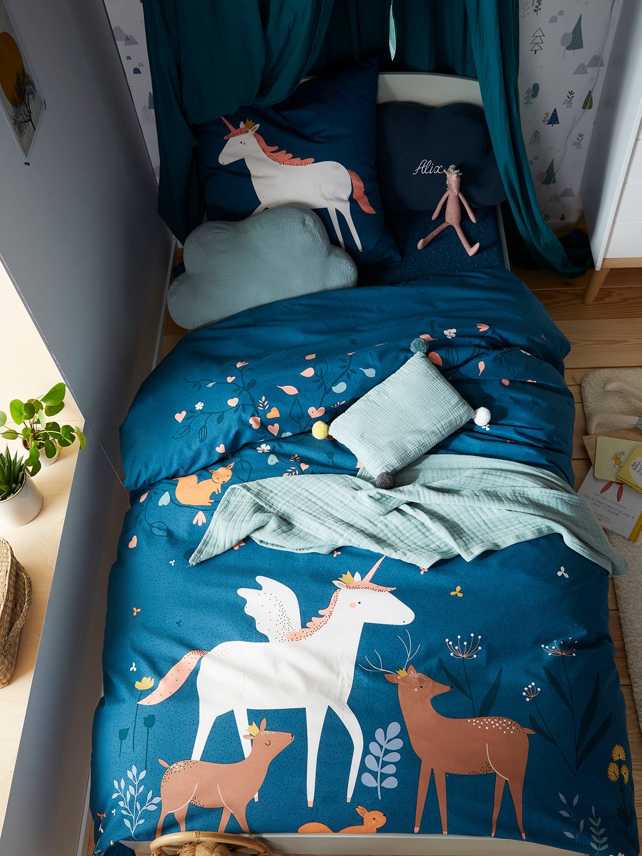 Dekbedovertrek + kussensloopset voor kinderen FORET ENCHANTEE blauw afbeelding
