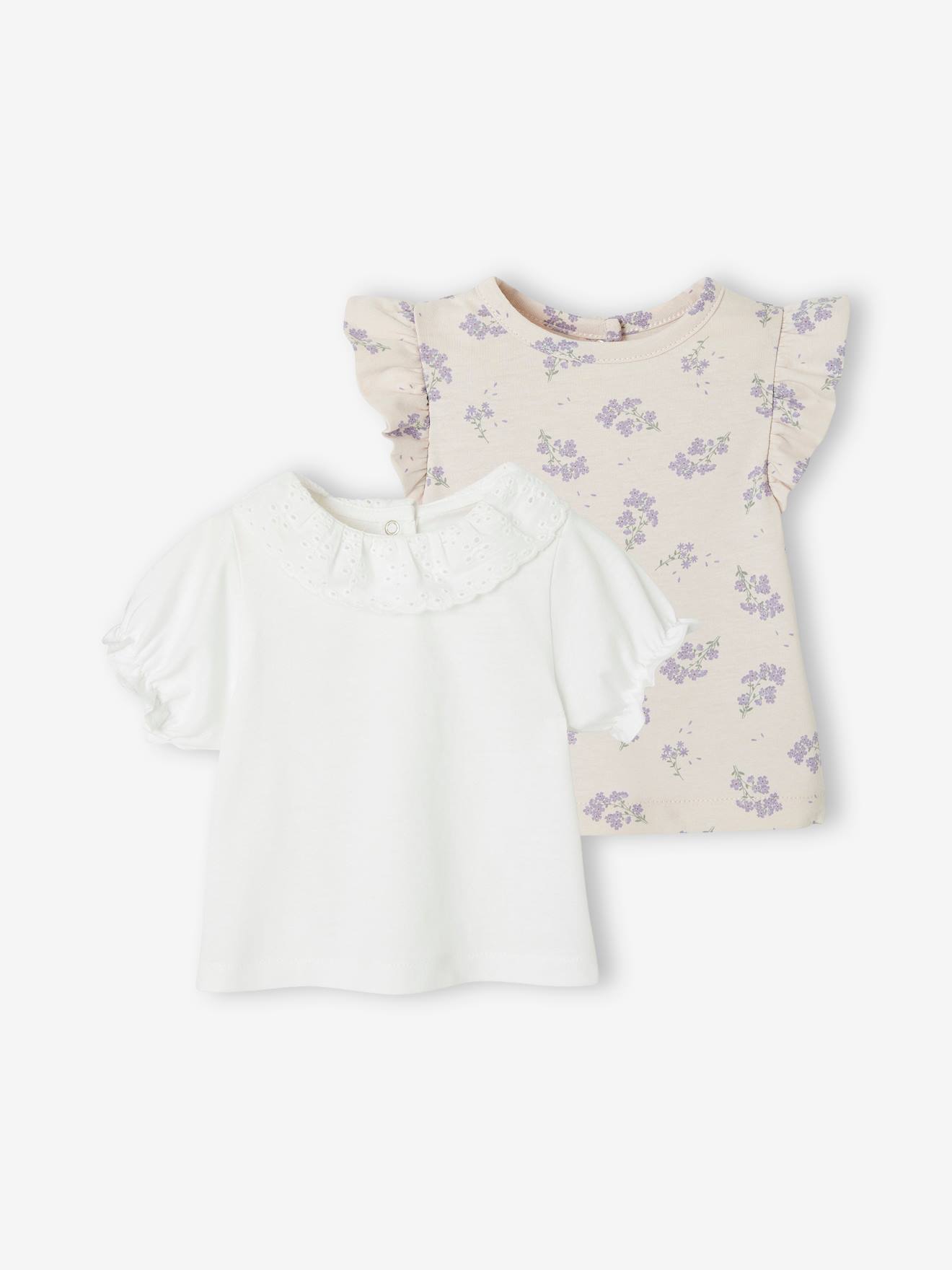 Set van 2 romantische T-shirts met korte mouwen lila met print