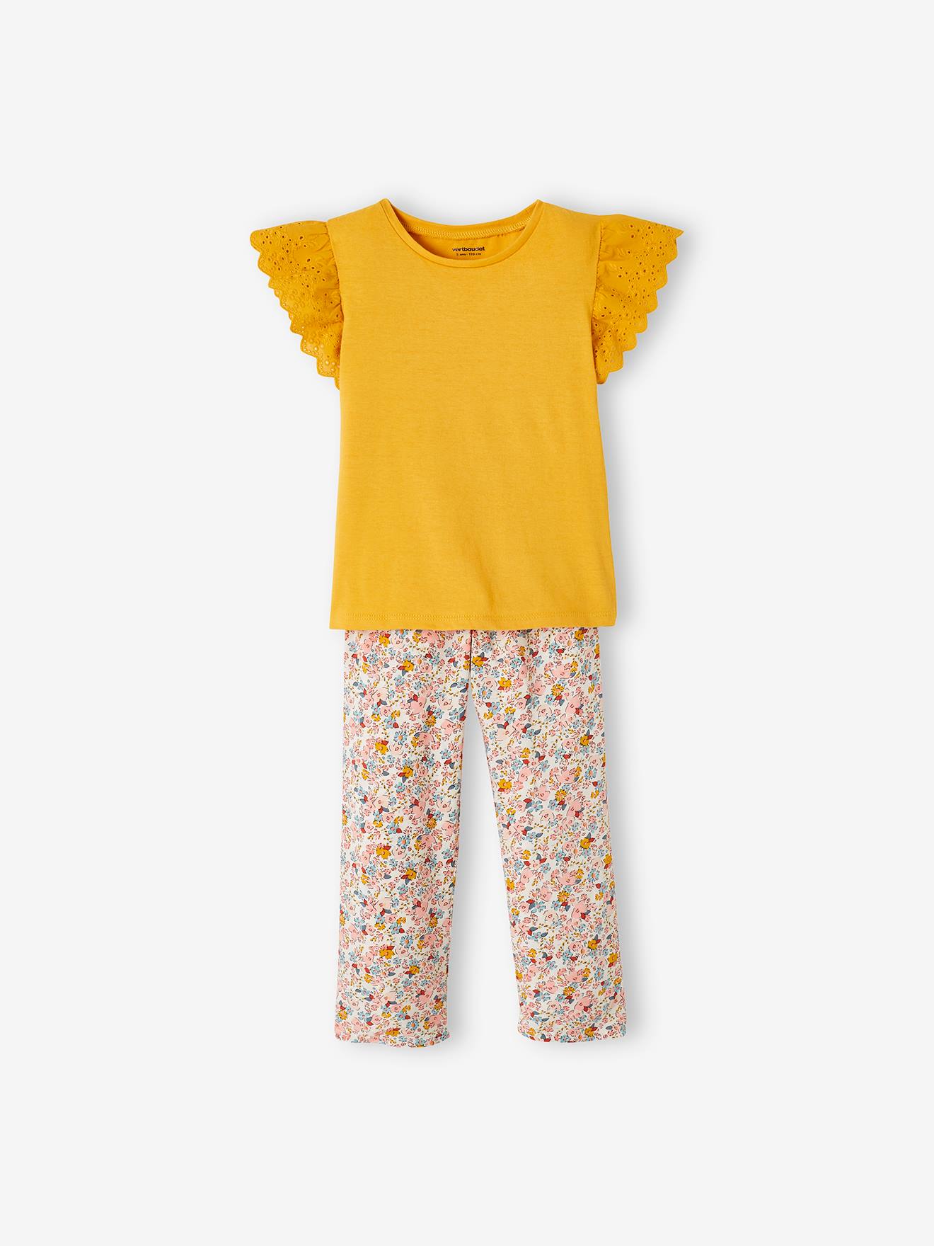 Set met meisjes-T-shirt en soepele broek met print goudgeel