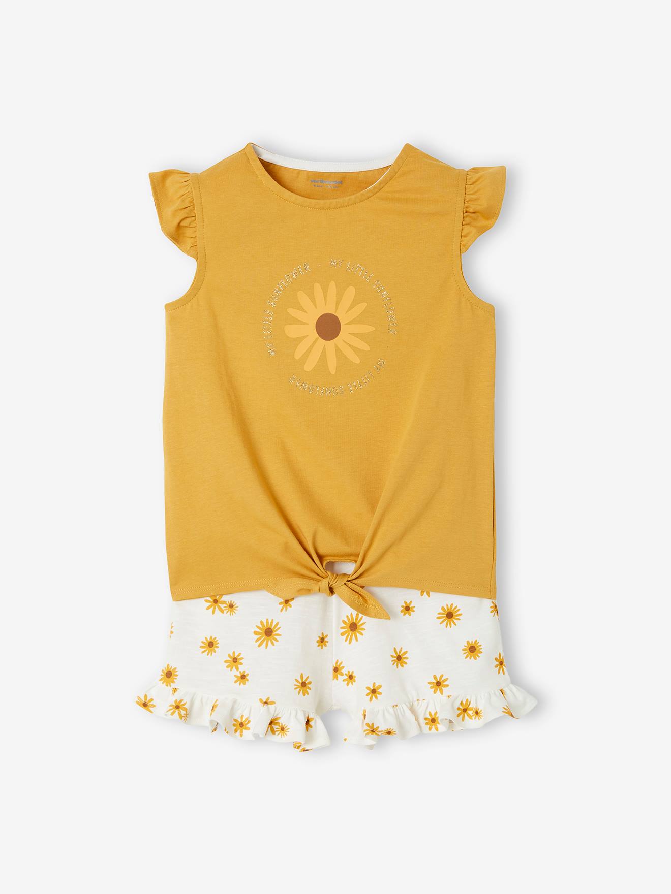 Set met T-shirt met ruches en strikeffect en short goudgeel