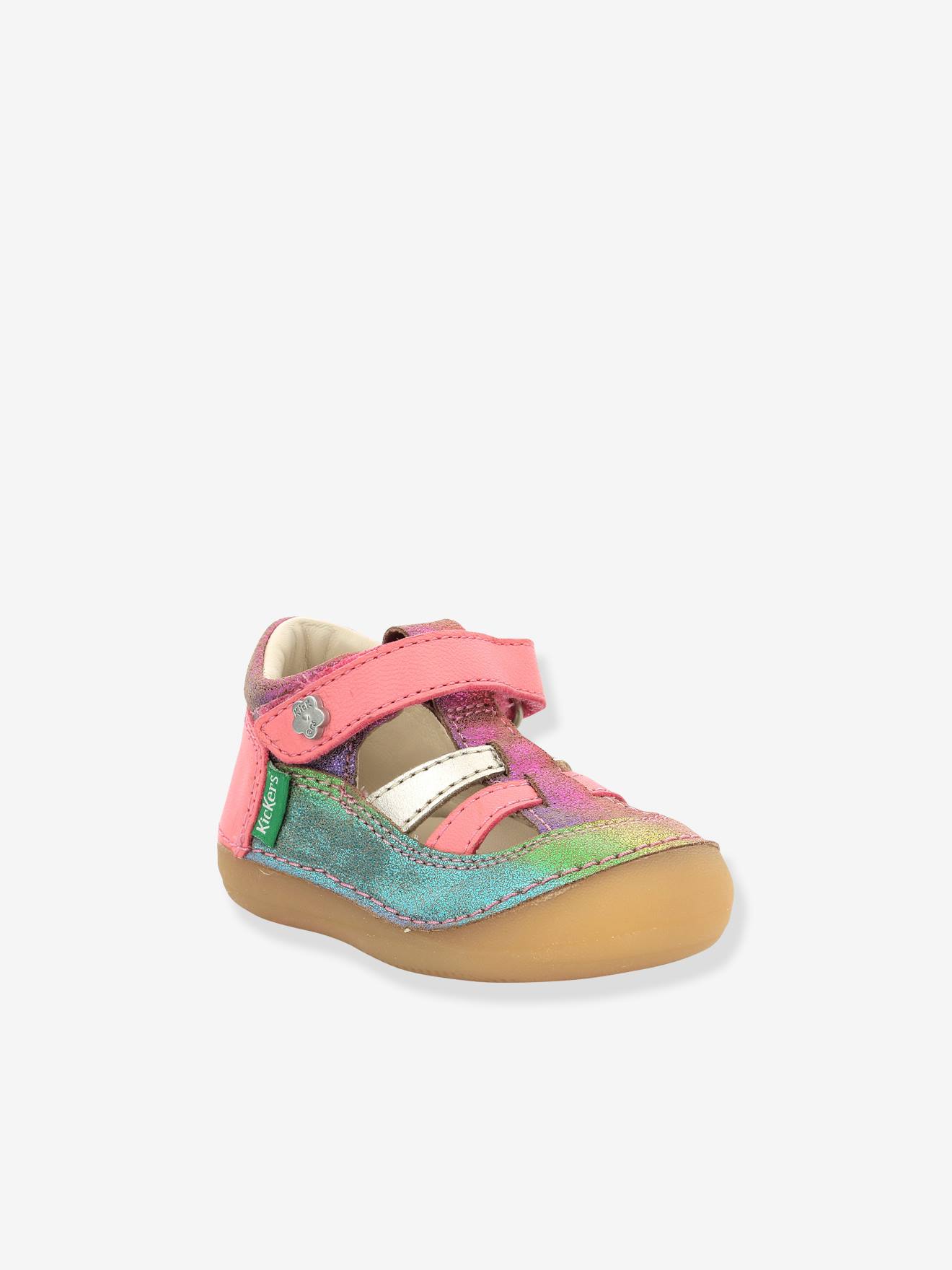 Leren sandalen meisjesbaby Sushy Originel Softers KICKERS® metalic roze