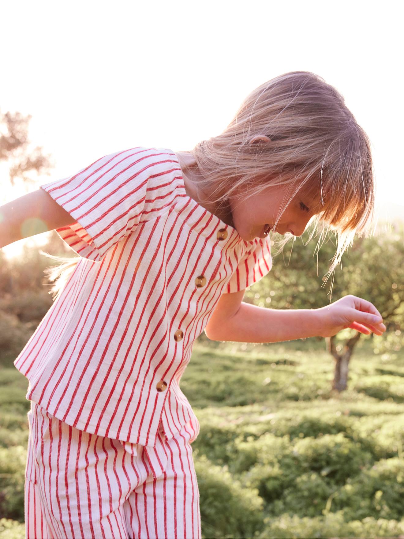 Gestreepte blouse voor meisjes met korte mouwen scharlakenrood met strepen