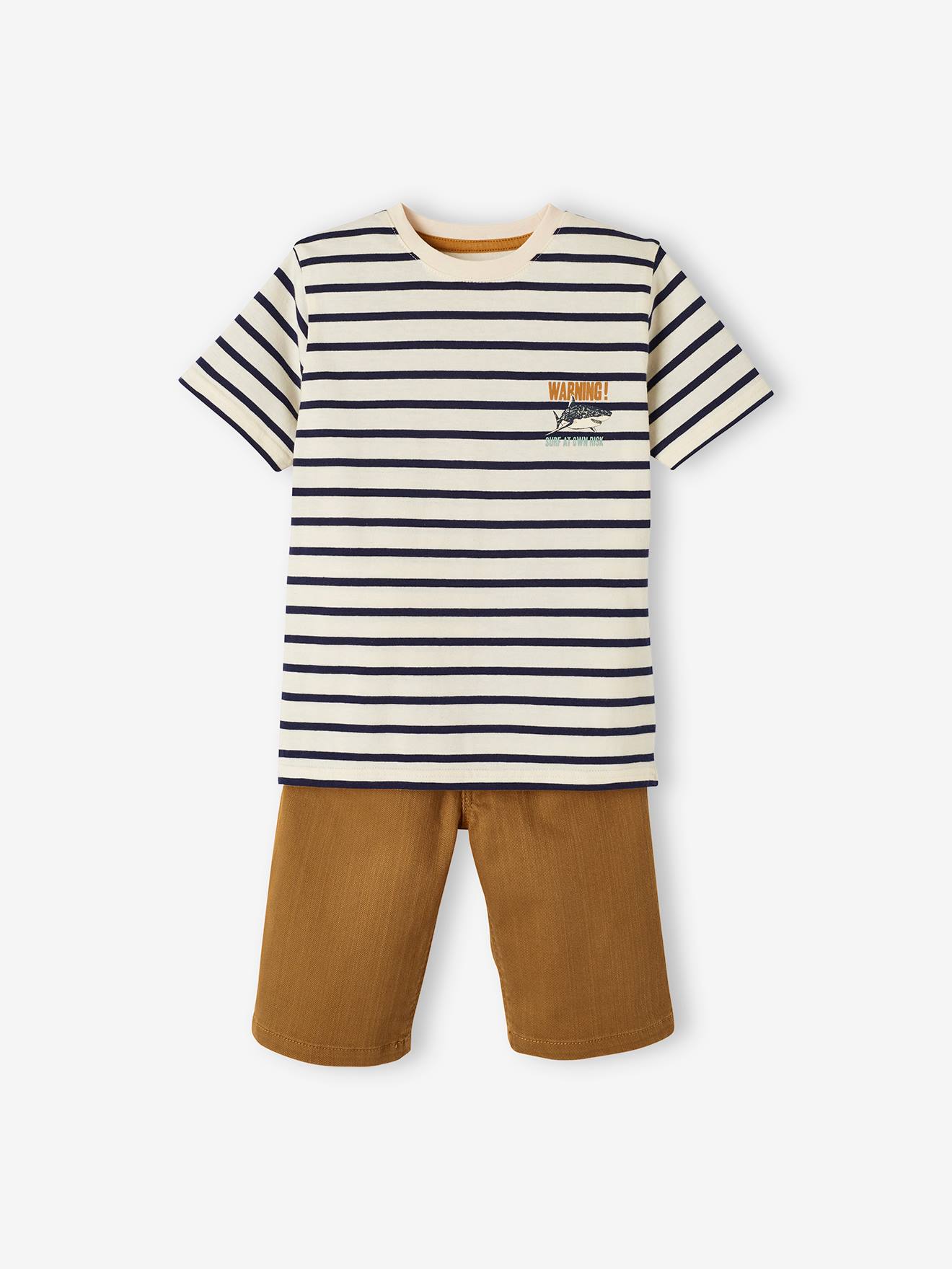 Jongensset met gestreept T-shirt en bermuda van canvas bruin