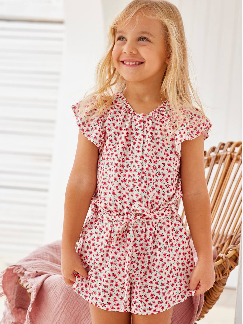 Jumpsuit voor meisjes beige met roze bloemenprint, Meisje