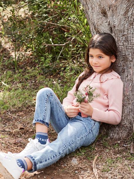 Jeans 'mom fit' met riem van katoengaas voor meisjes denim zwart+double stone - vertbaudet enfant 