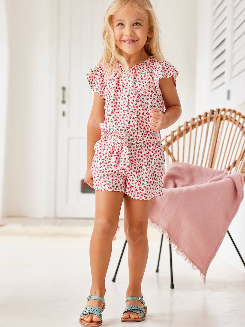 Jumpsuit voor meisjes beige met roze bloemenprint, Meisje