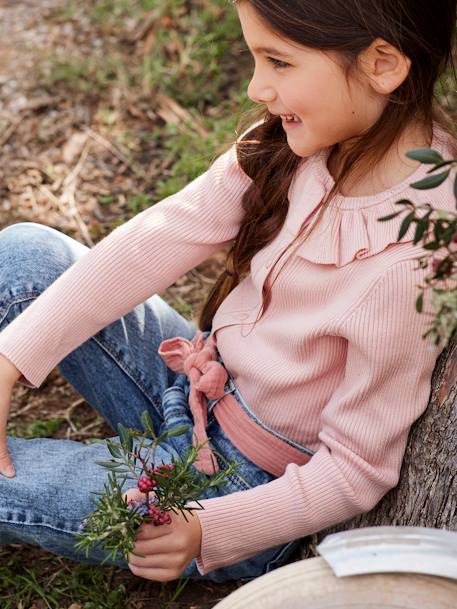 Jeans 'mom fit' met riem van katoengaas voor meisjes denim zwart+double stone - vertbaudet enfant 