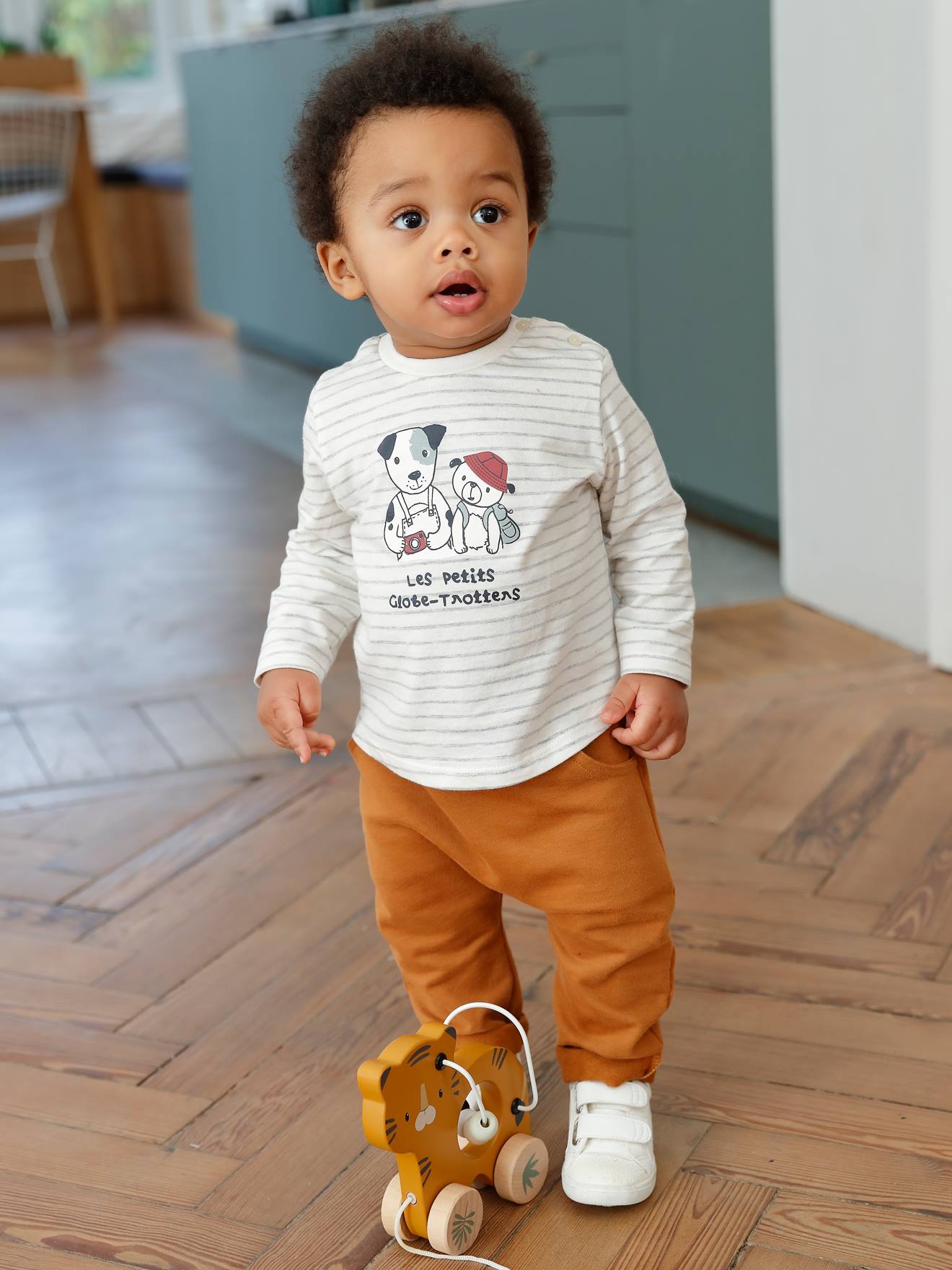 Babyset T-shirt + molton broek gestreept / karamel