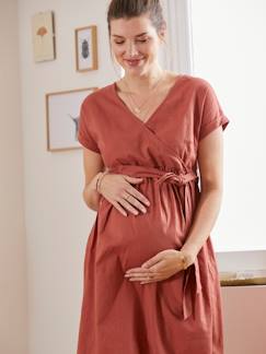 Zwangerschapskleding-Borstvoeding-Lange wikkeljurk van linnen en katoen, zwangerschap en borstvoeding