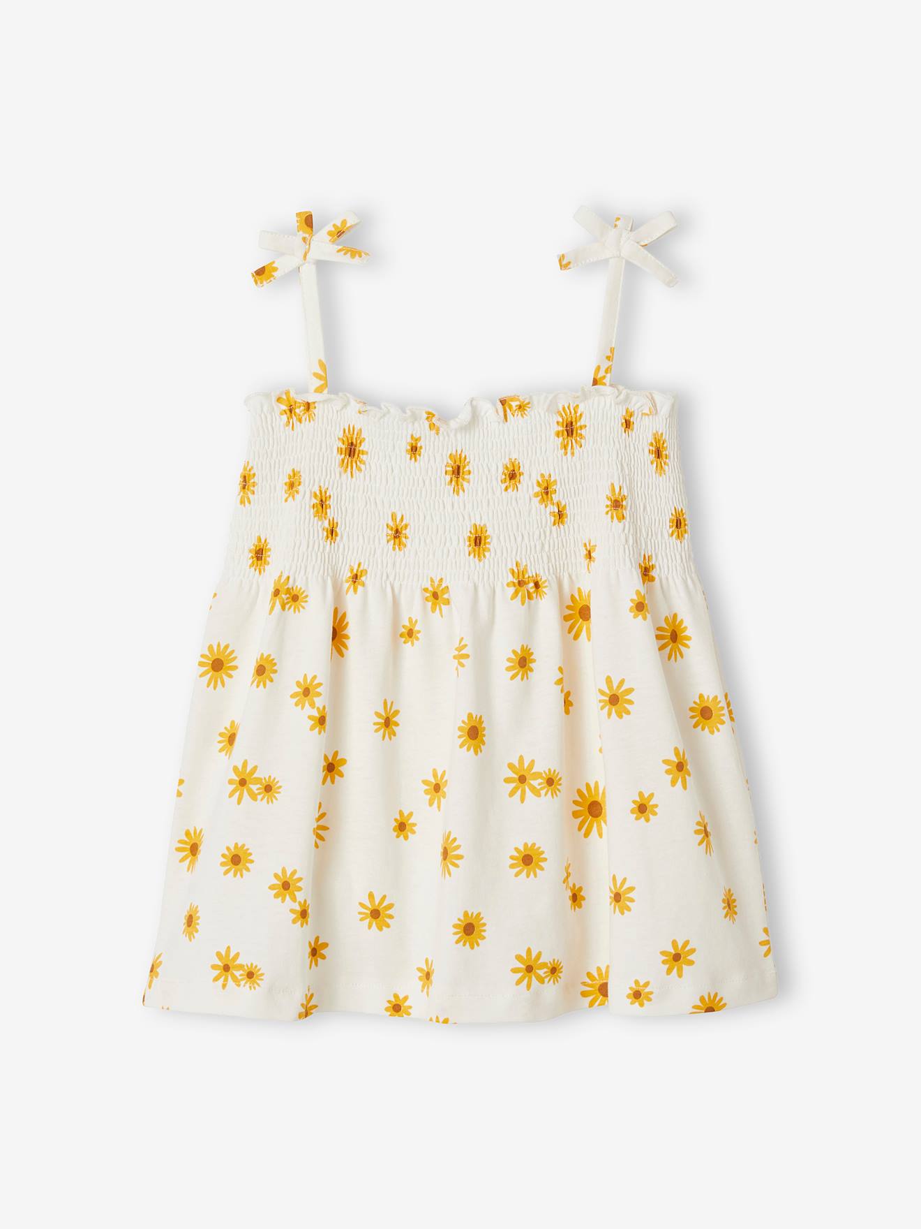 Meisjeshemd met smokwerk en bloemenprint ecru met print