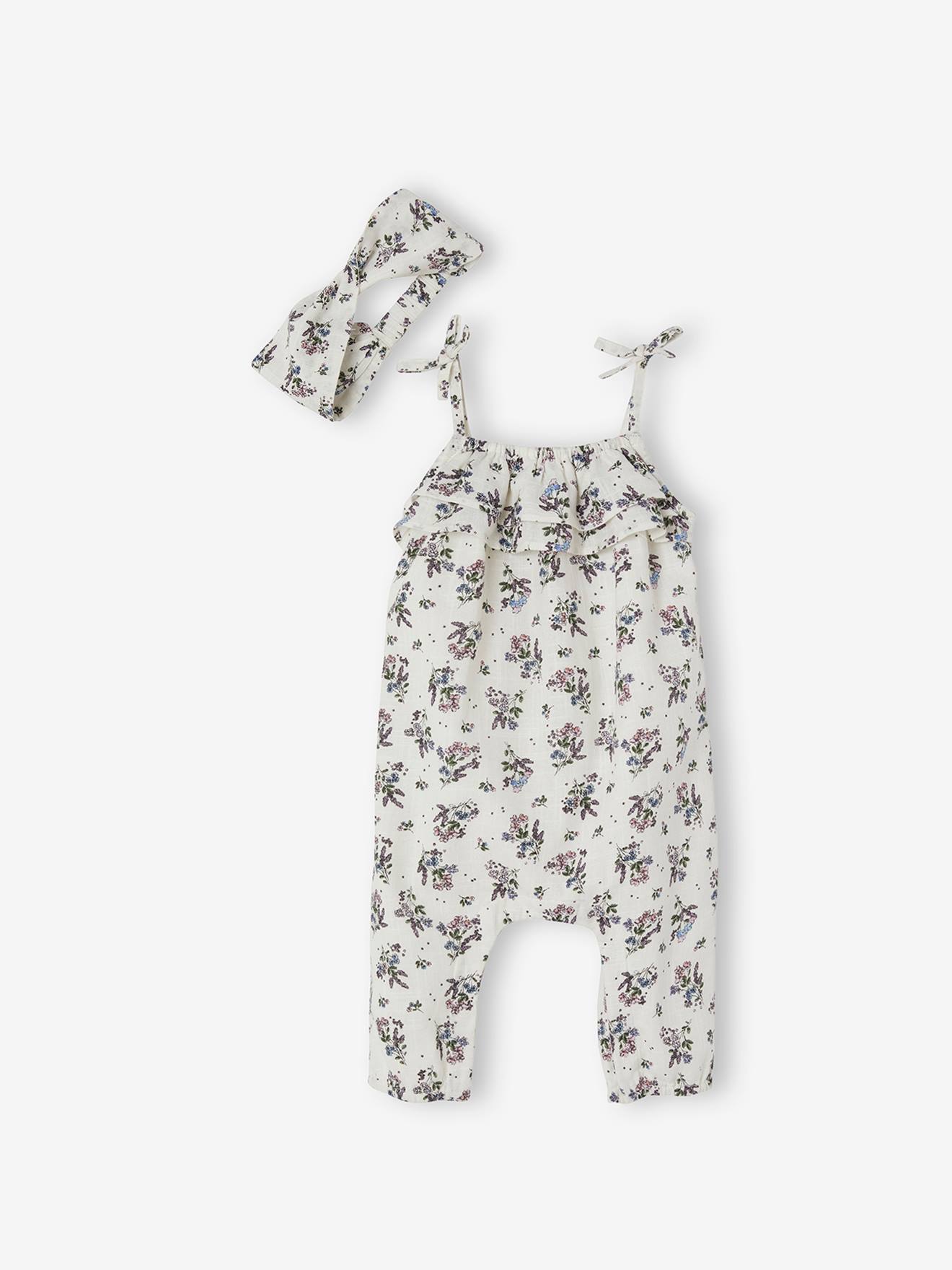 Jumpsuit en hoofdband met print voor baby's ivoor met print