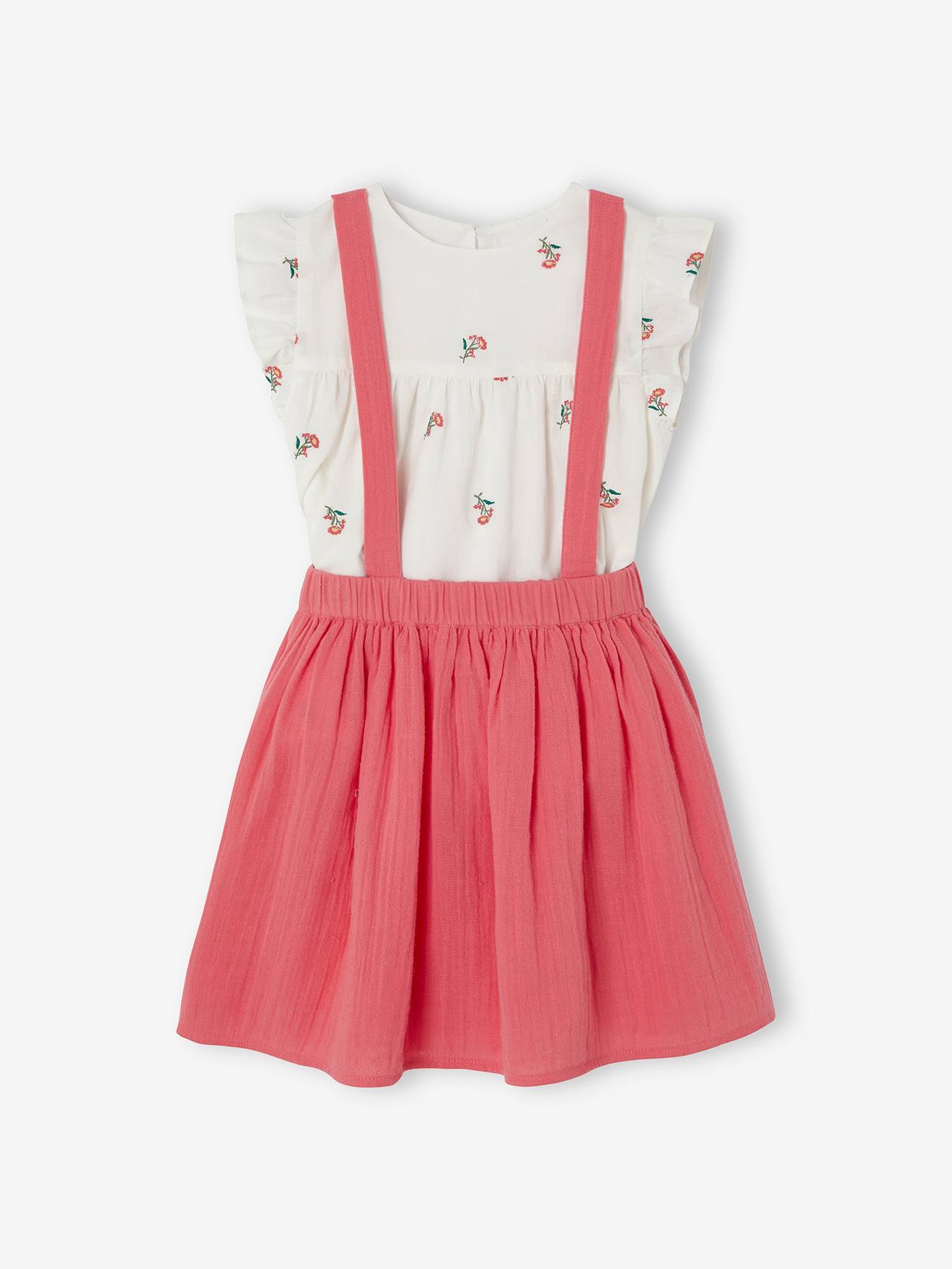 Set shirt met ruches en rok van katoengaas voor meisjes roze
