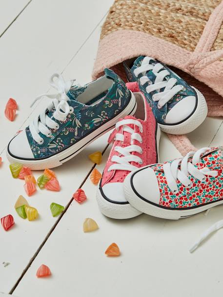 Stoffen decoratieve sneakers voor meisjes groene tropische print+roze Engels borduurwerk+wit, bedrukt - vertbaudet enfant 