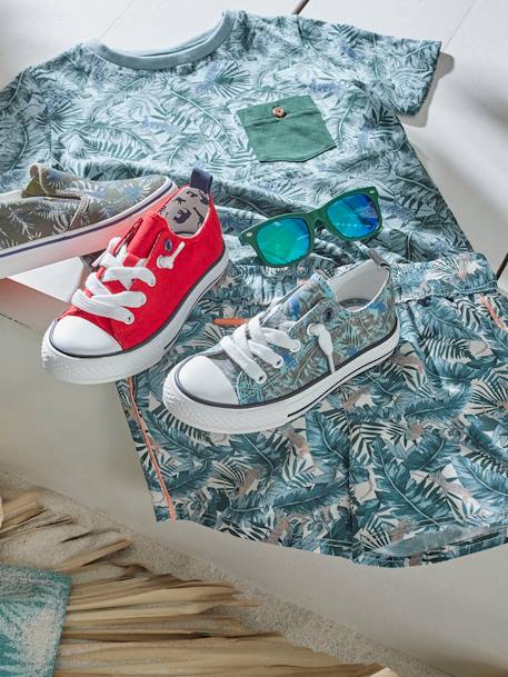 Elastische stoffen sneakers baby jongen groene tropische print+marineblauw+rood - vertbaudet enfant 