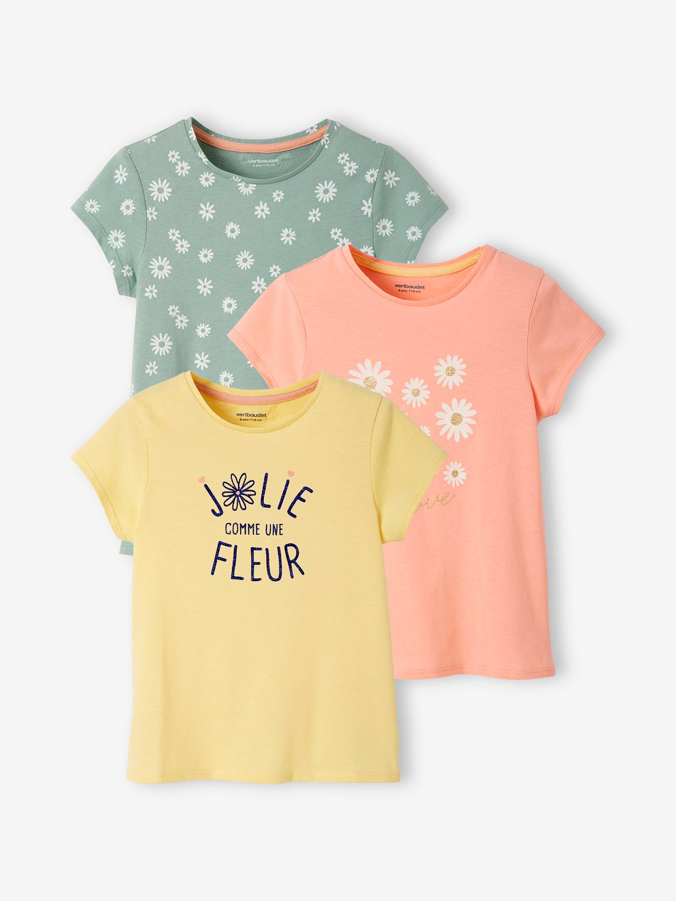 Set van 3 verschillende T-shirts voor meisjes met iriserende details set salie