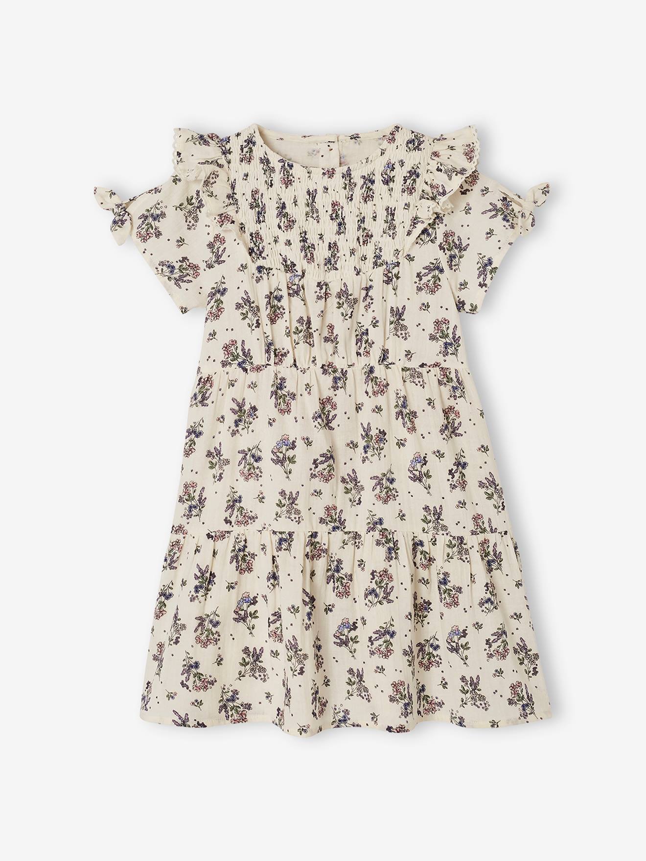 Gesmokte meisjesjurk met bloemen beige met print