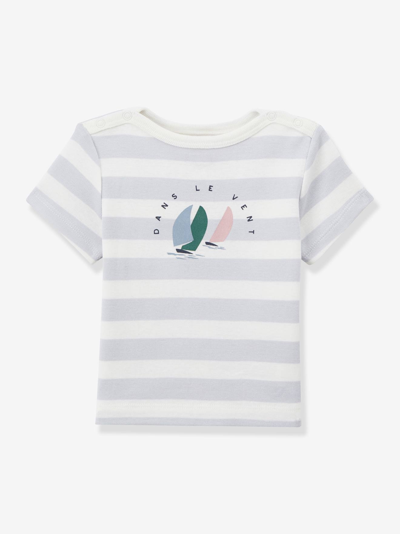 Babyshirt met boothals - Biokatoen wit gestreept/lichtblauw