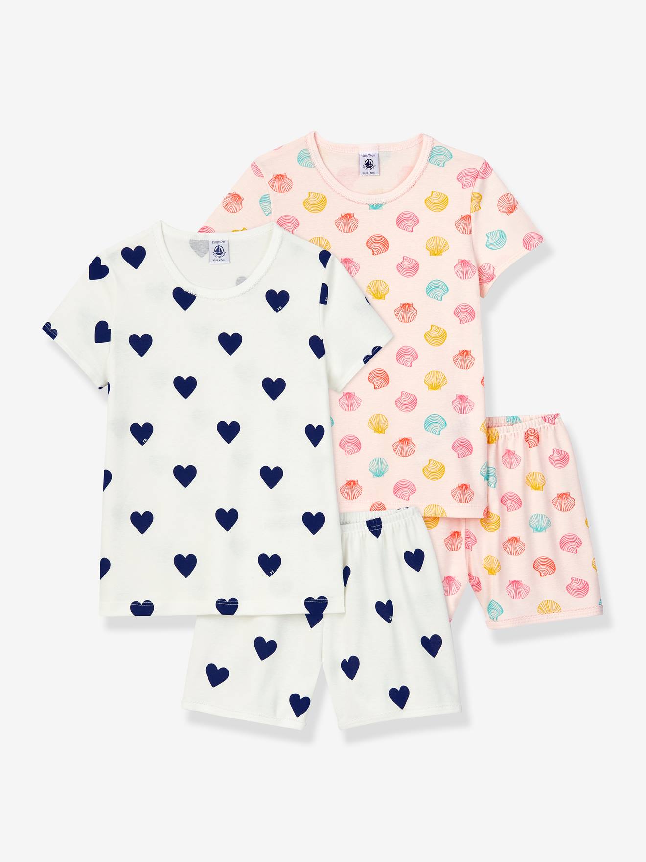 Set van 2 katoenen pyjama's met schelpen voor meisjes PETIT BATEAU harten en schelpen