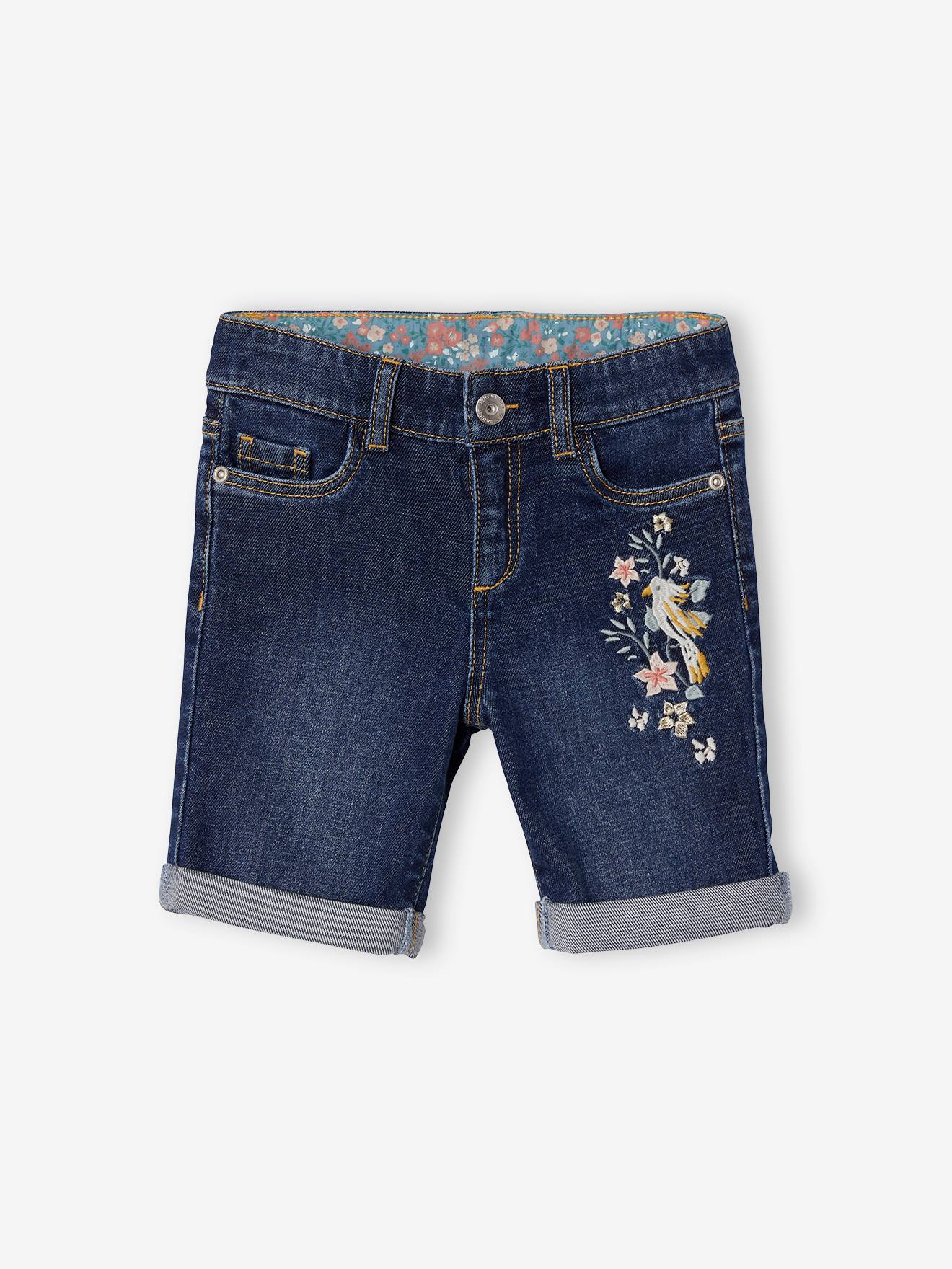 Bermuda jeans voor meisjes met geborduurde bloemen donker denim stone