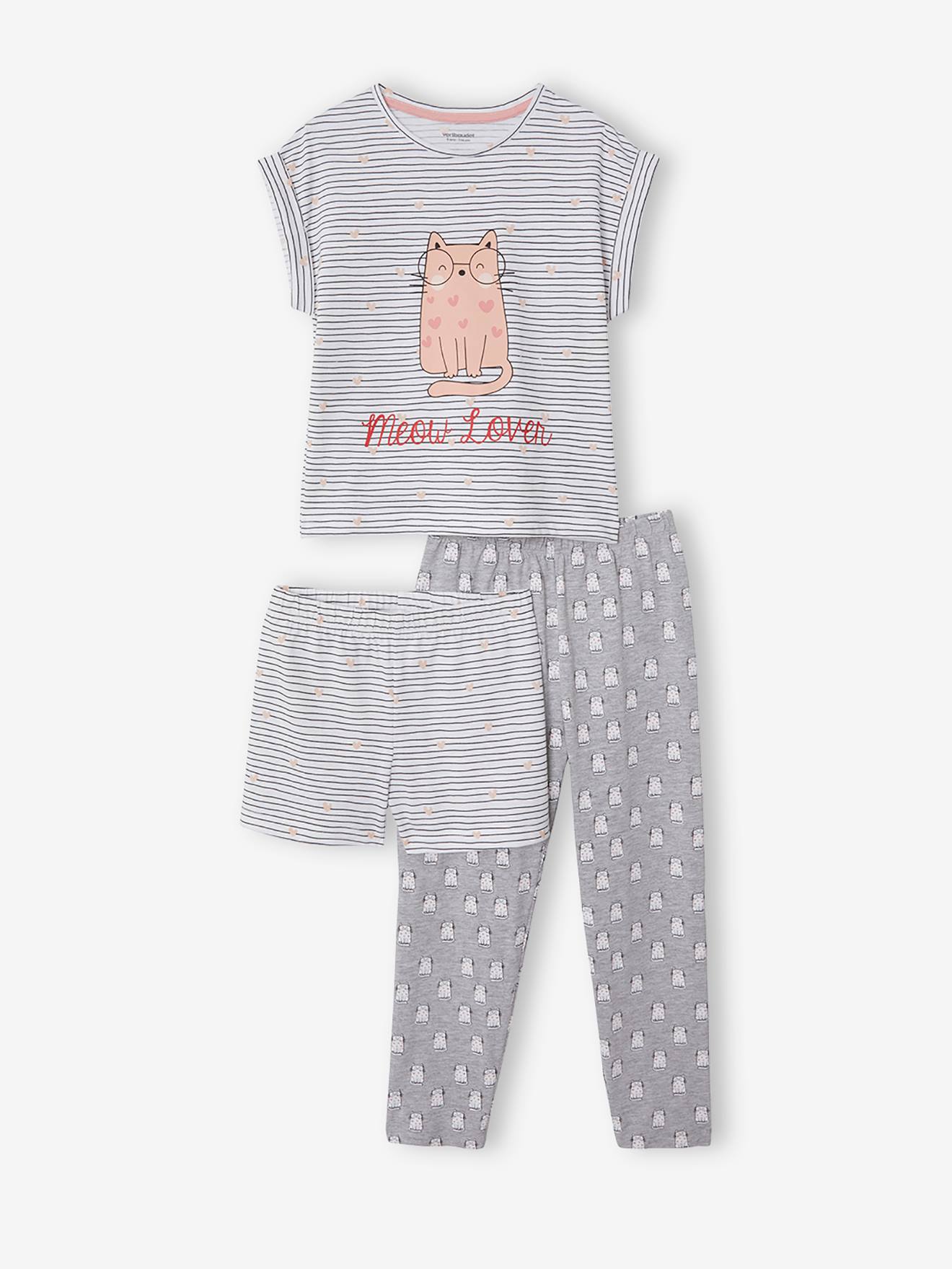 T-shirt + short + pyjamabroek voor meisjes Oeko Tex® wit gestreept setje