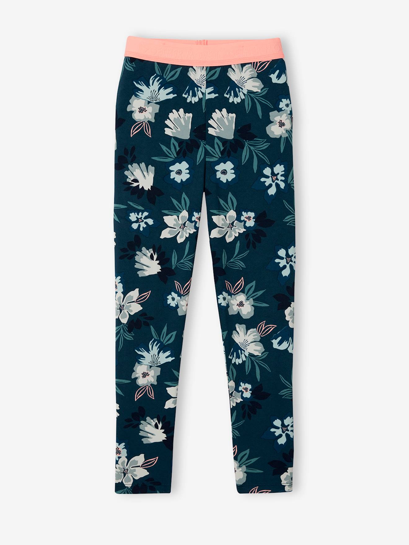 Sportlegging voor meisjes van technisch materiaal met bloemenprint blauw