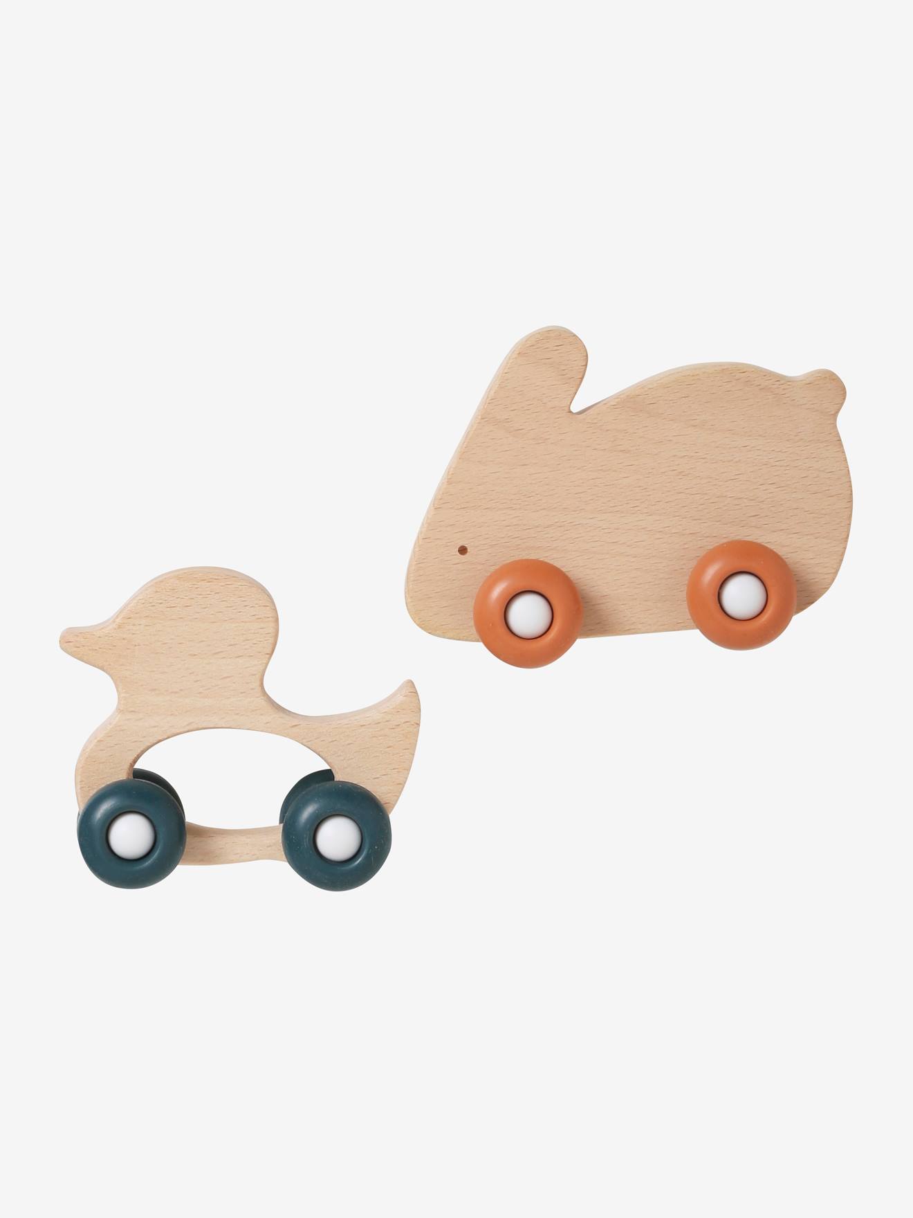 Set van 2 dieren met houten en siliconen wielen oranje