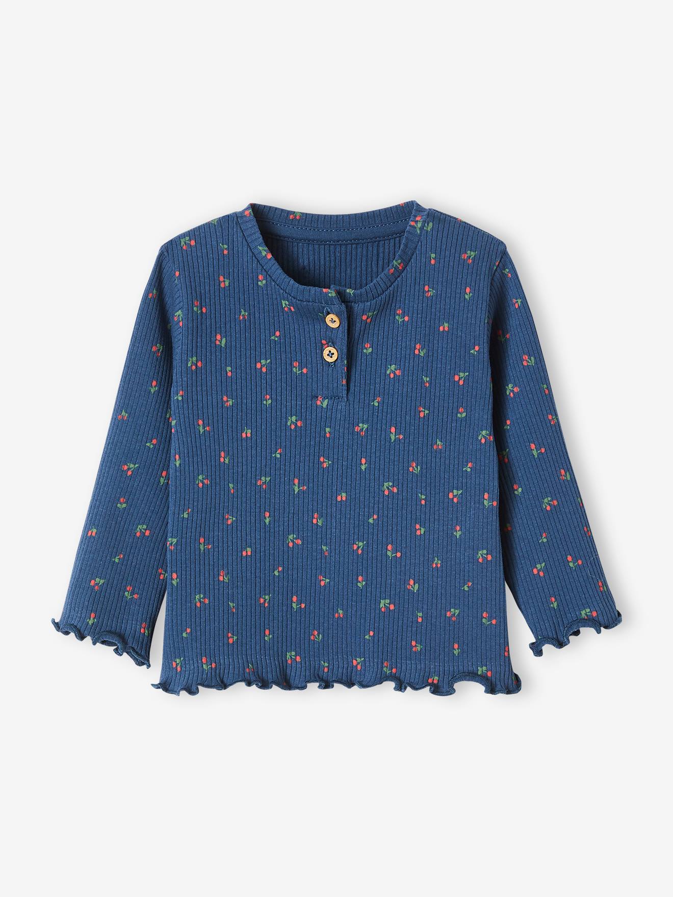 T-shirt van ribtricot baby lange mouwen bedrukt marineblauw