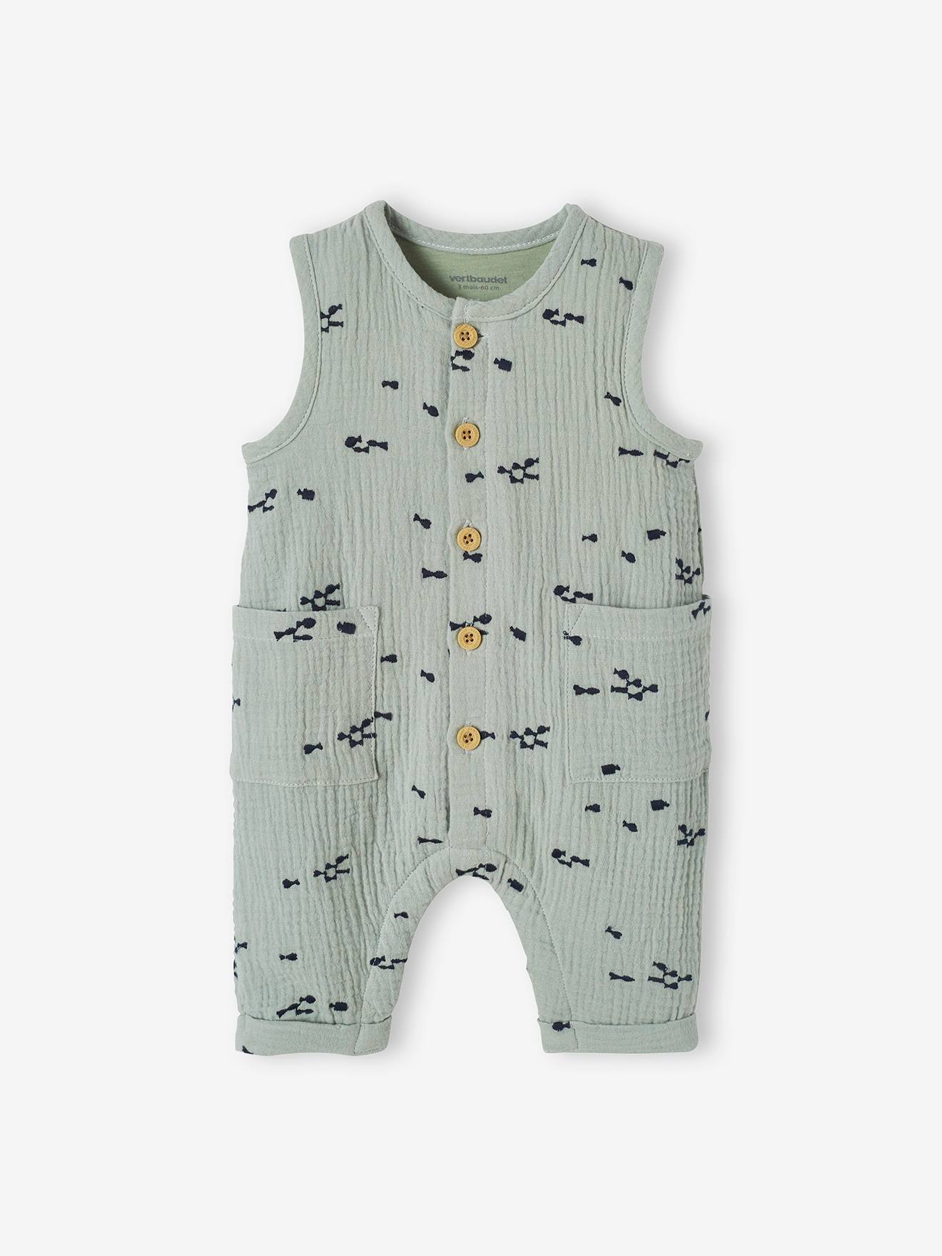 Jumpsuit babyjongen van geborduurd katoengaas grijsblauw