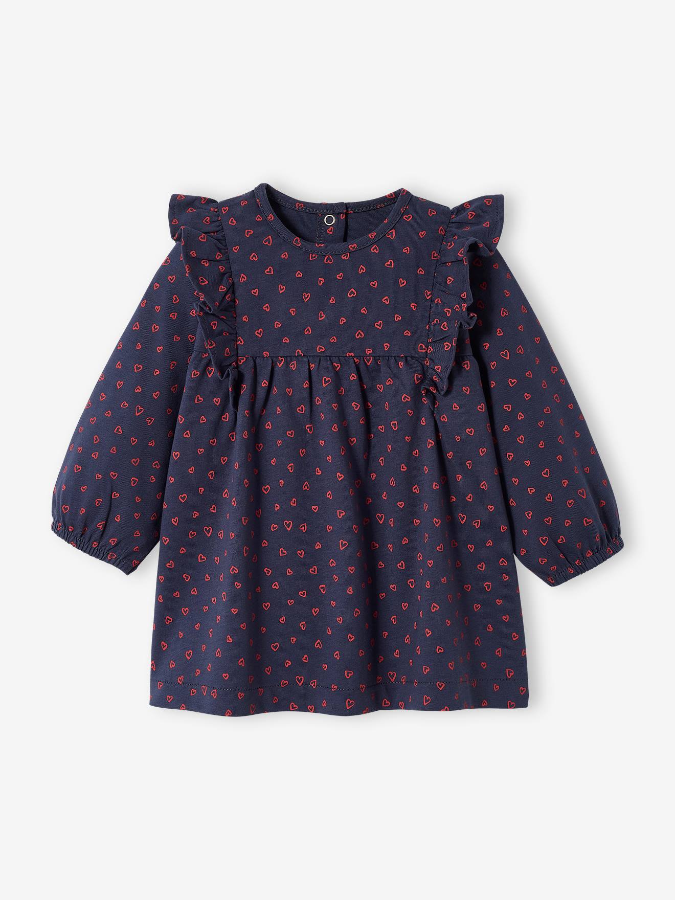 Jersey babyjurk met ruches bedrukt marineblauw