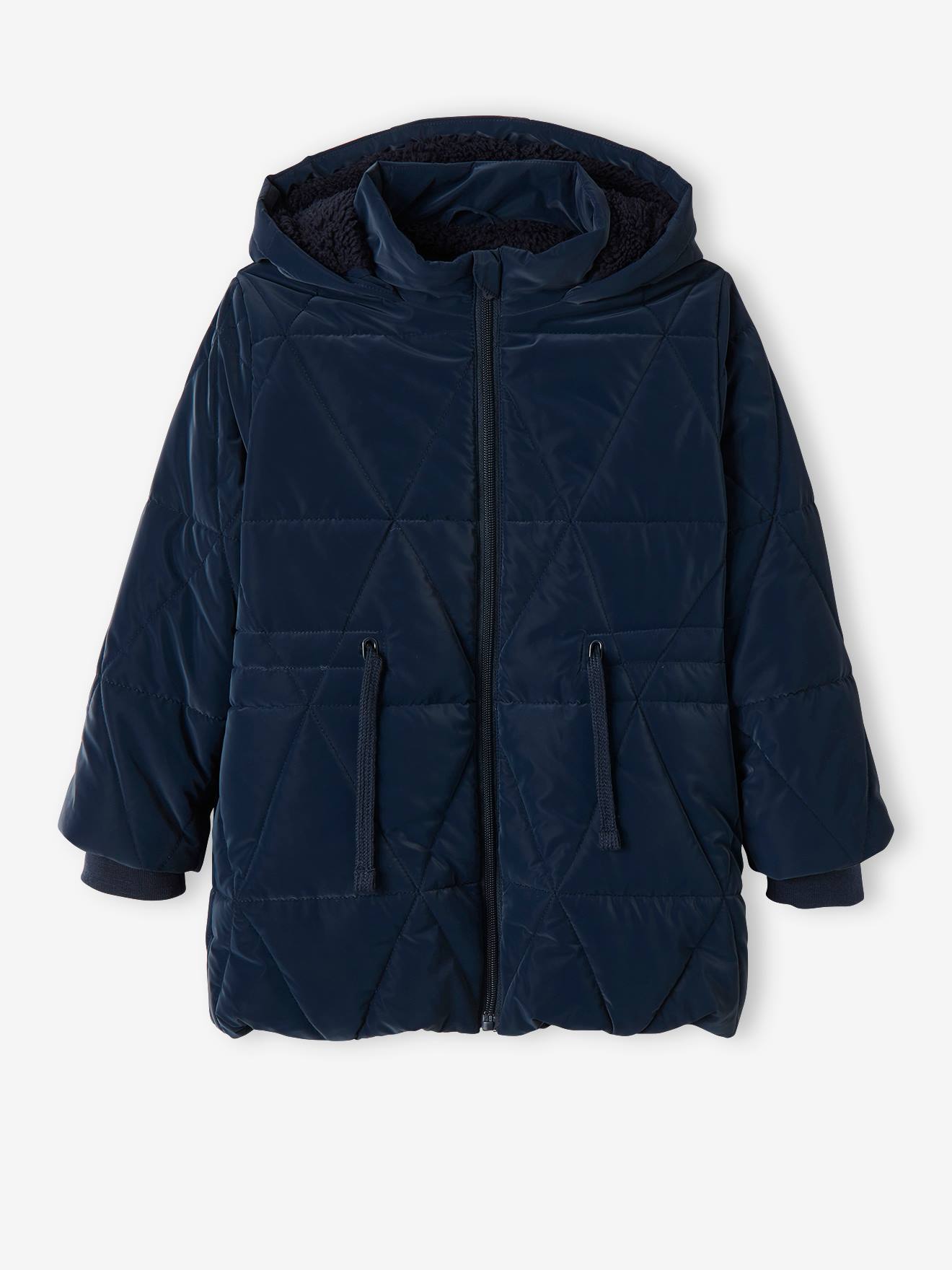 Lang jack met capuchon voor meisjes en sherpa voering blue dark