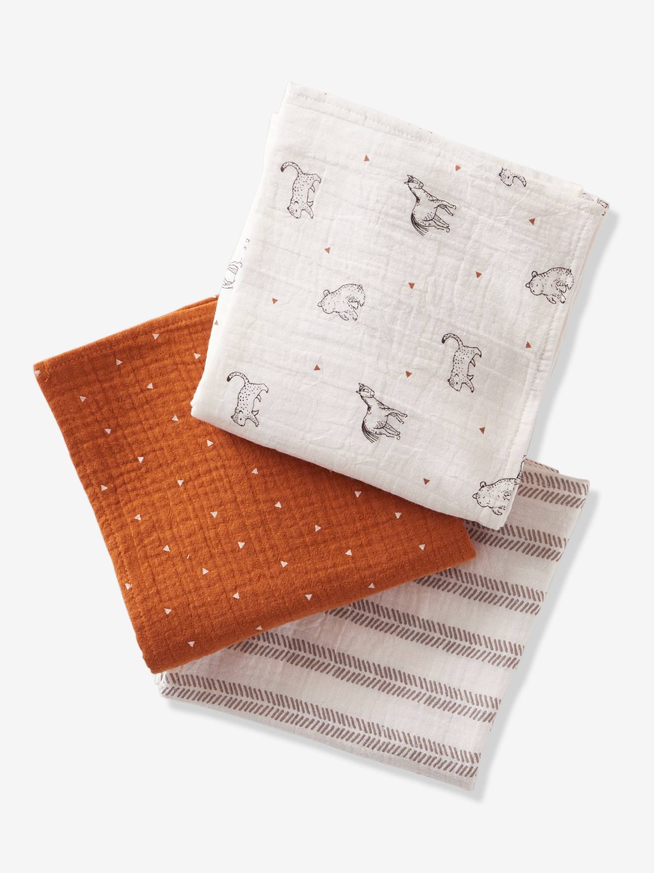 Set van 3 doeken van bio* katoengaas PETIT NOMADE Oeko-Texยฎ ecru/meerkleurig