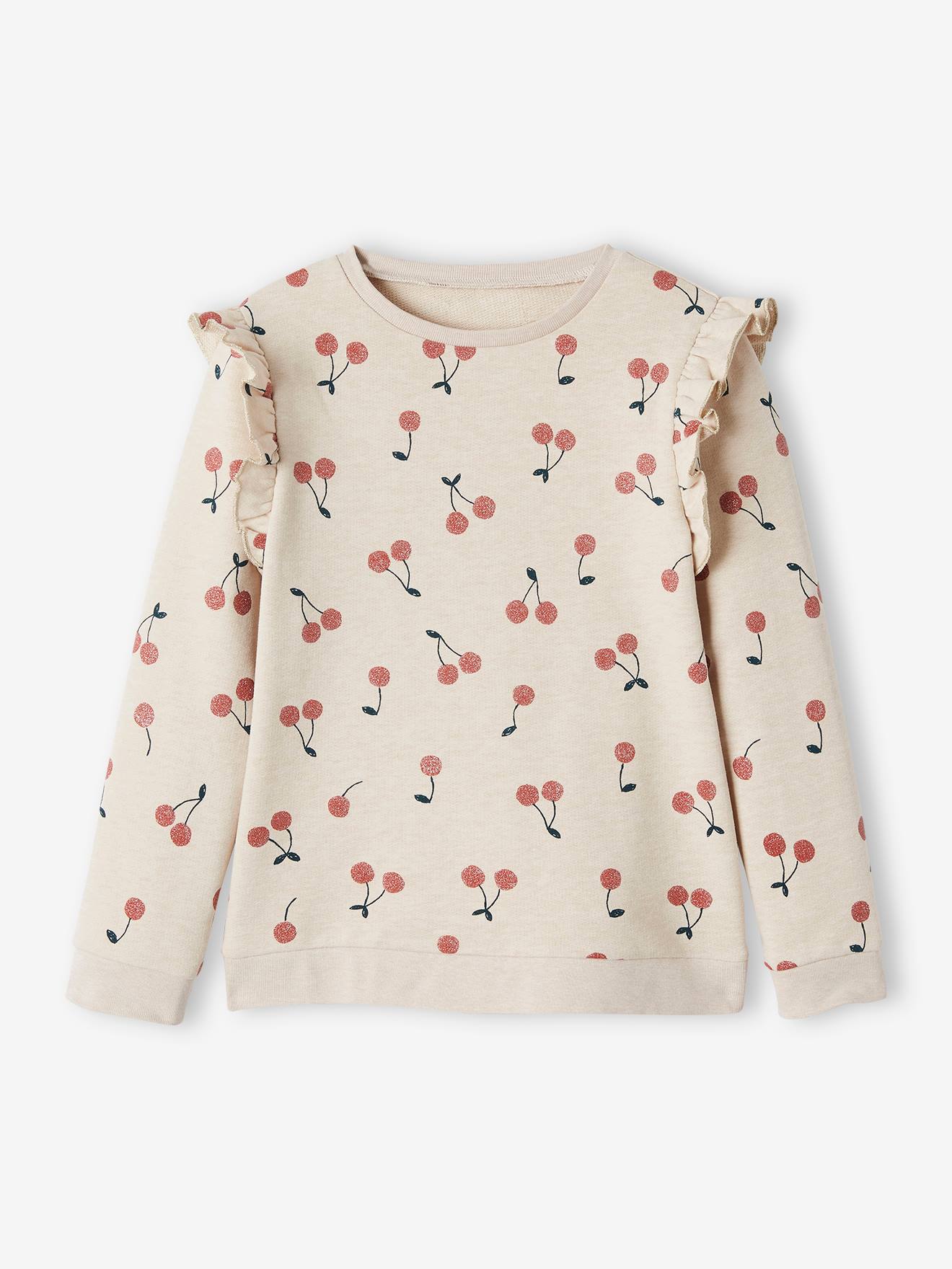 Meisjessweater met ruches op de mouwen beige met print