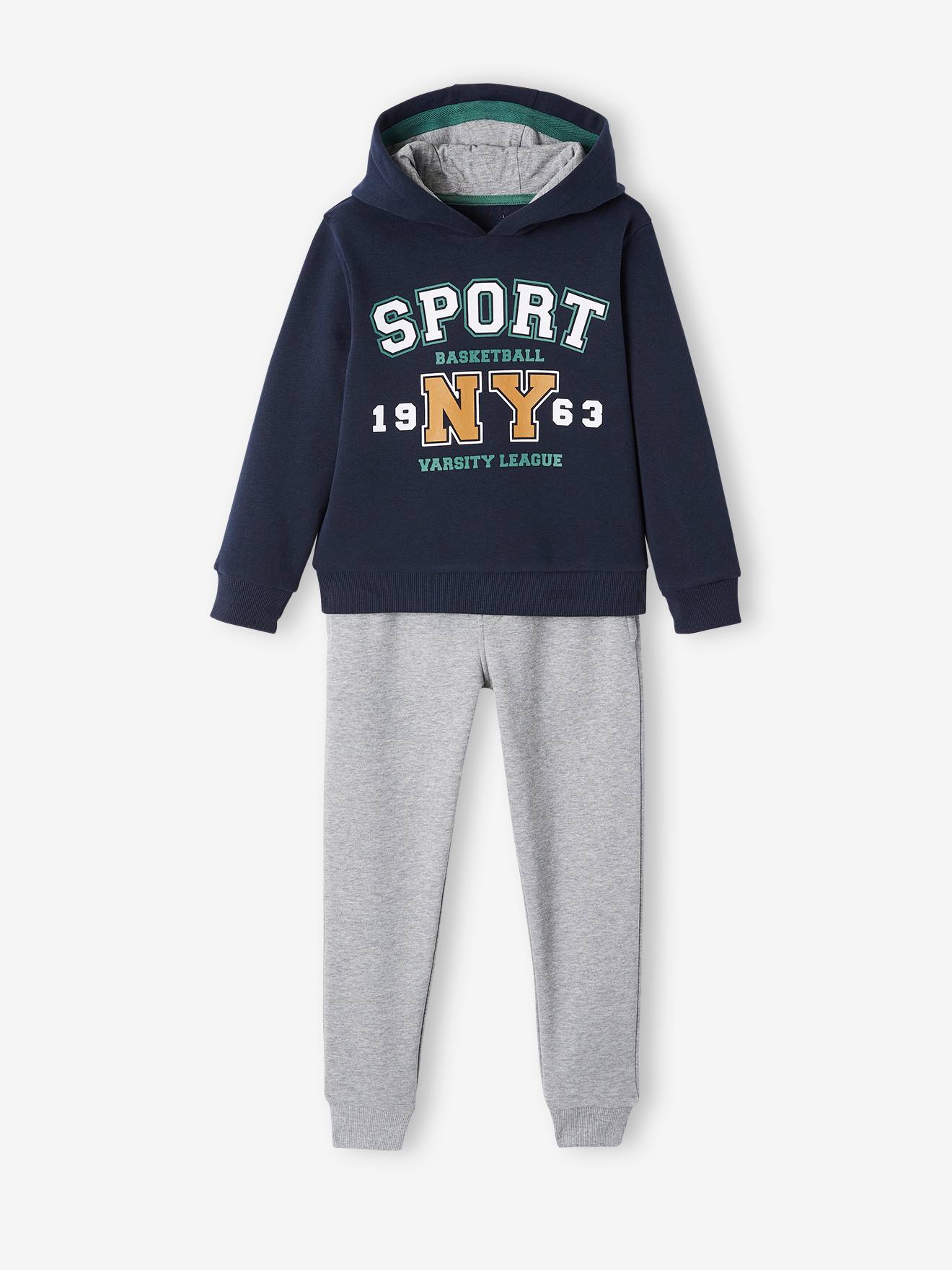 Jongensensemble in fleece, sweatshirt met capuchon + joggingbroek grijs