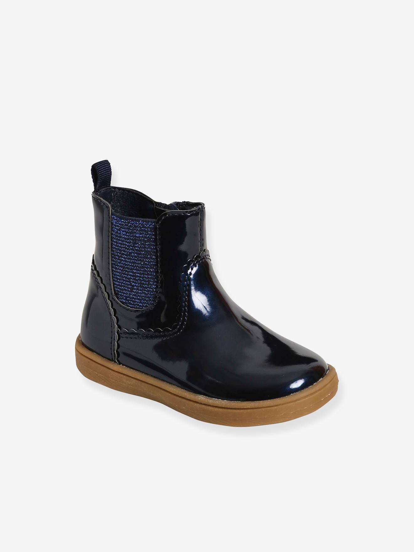 Gelakte boots met rits en elastiek voor meisjesbaby marineblauw