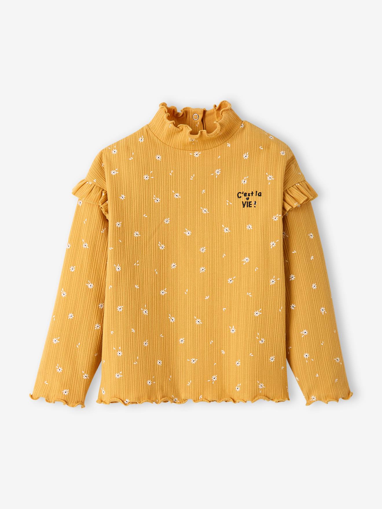 Geribd meisjes-T-shirt met opstaande kraag en mouwen met ruches oker