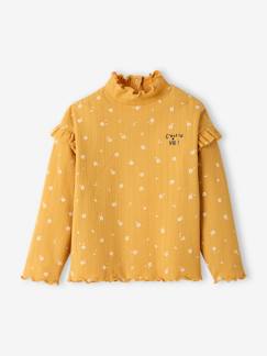 Meisje-Geribd meisjes-T-shirt met opstaande kraag en mouwen met ruches