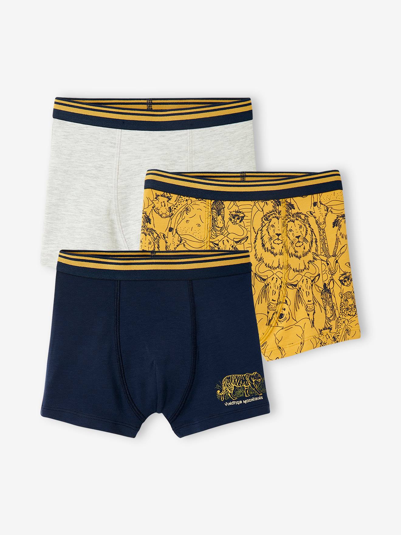 Set met 3 stretch boxers voor jongens "safari" set geel en donkerblauw