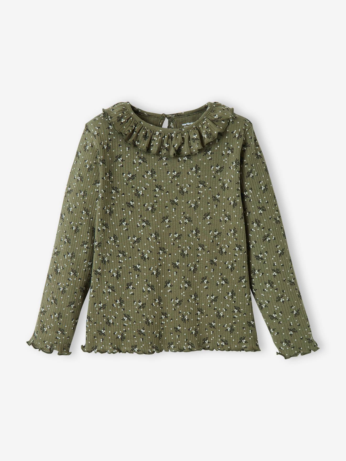 Geribbeld T-shirt voor meisjes met bloemen kaki groen