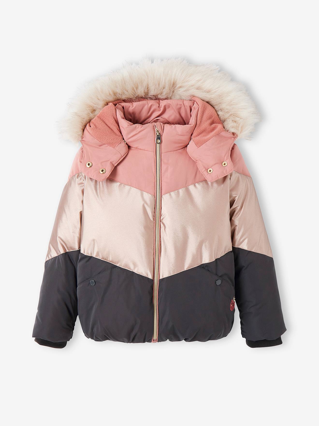 Donsjack met capuchon colorblock met fleece voering meisje gerookt roze