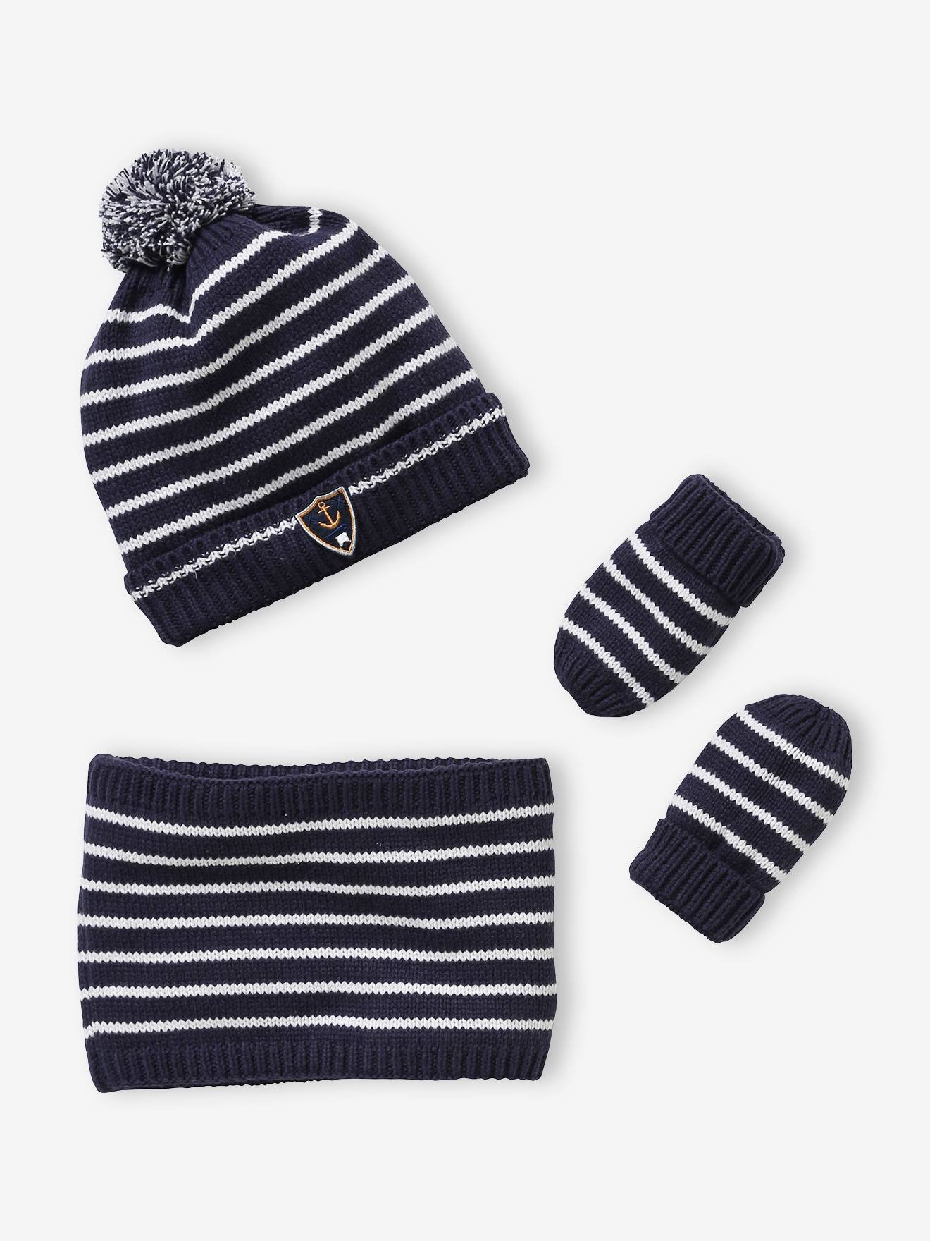 Set voor babyjongen met marineblauw mutsje + snood + wanten set donkerblauw indigo