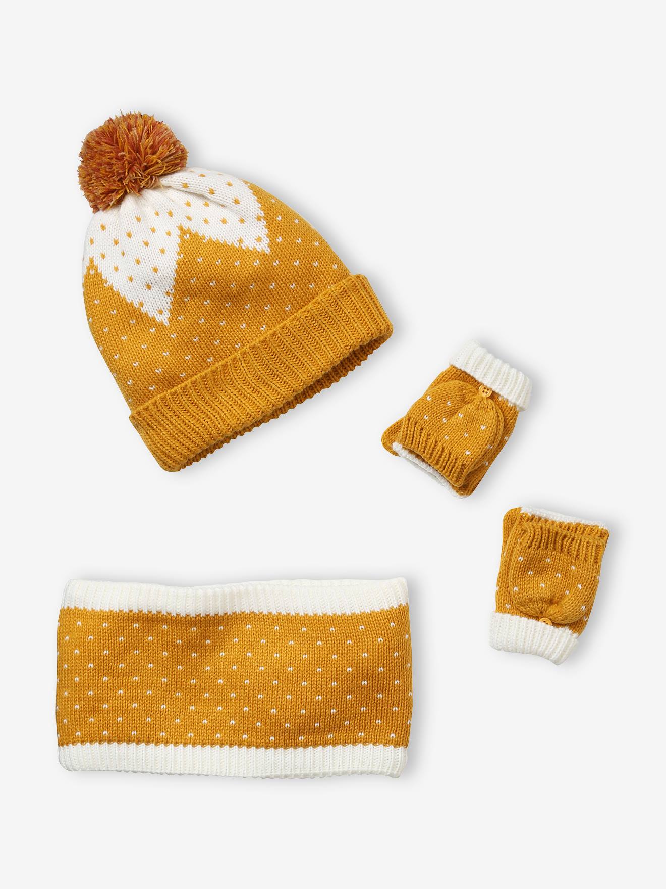 Set muts + snood + handschoenen van goudkleurig jacquard tricot geel met print