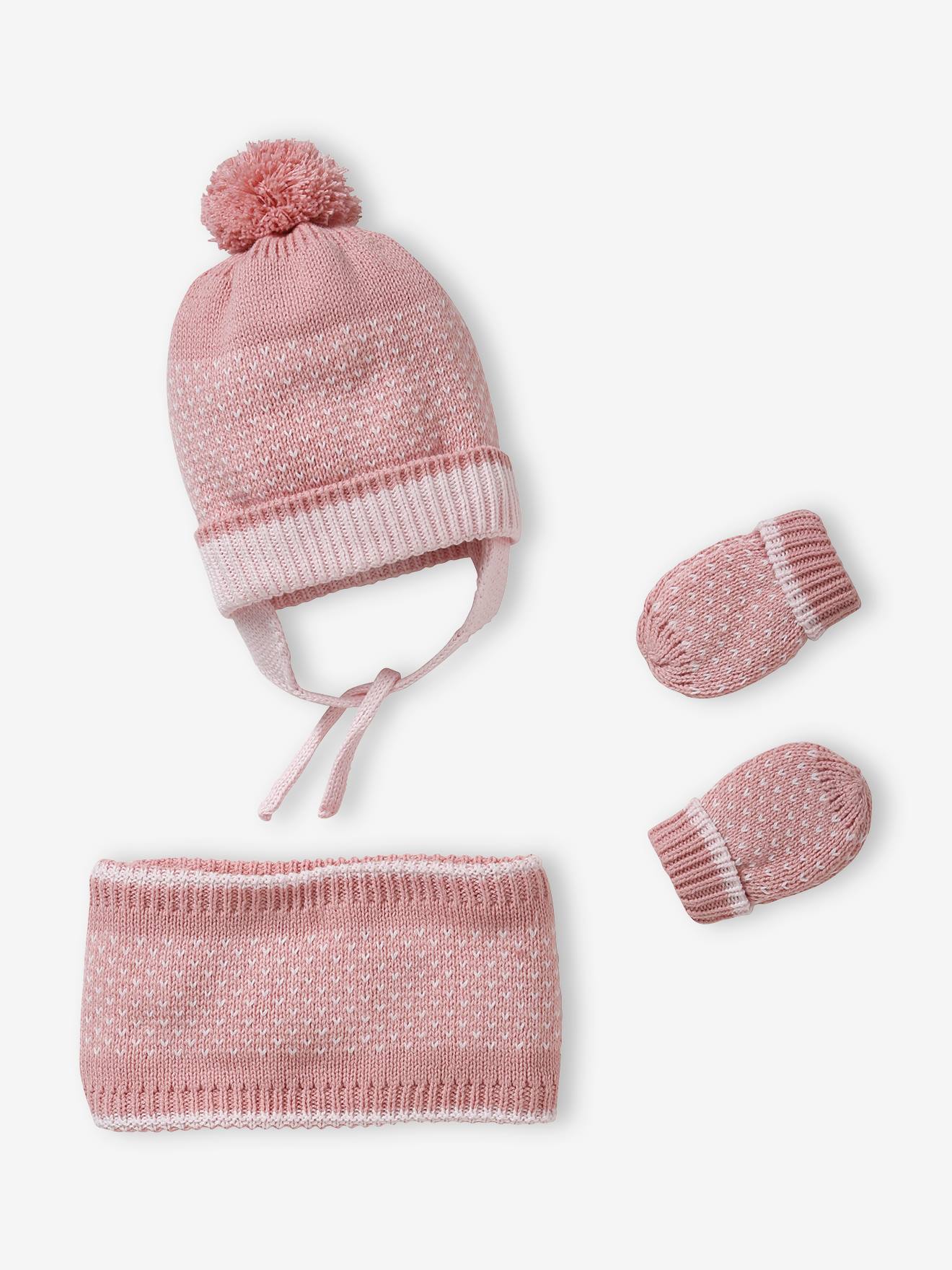 Set van babymeisjes jacquard gebreide muts + snood + wanten roze