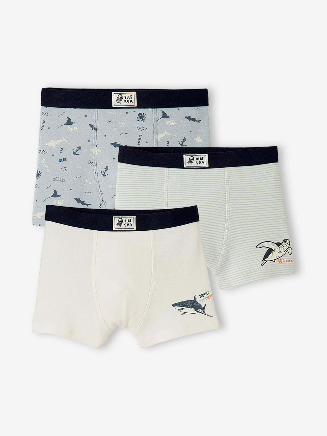 Set met 3 stretch boxers voor jongens "zeedieren" set blauw en wit