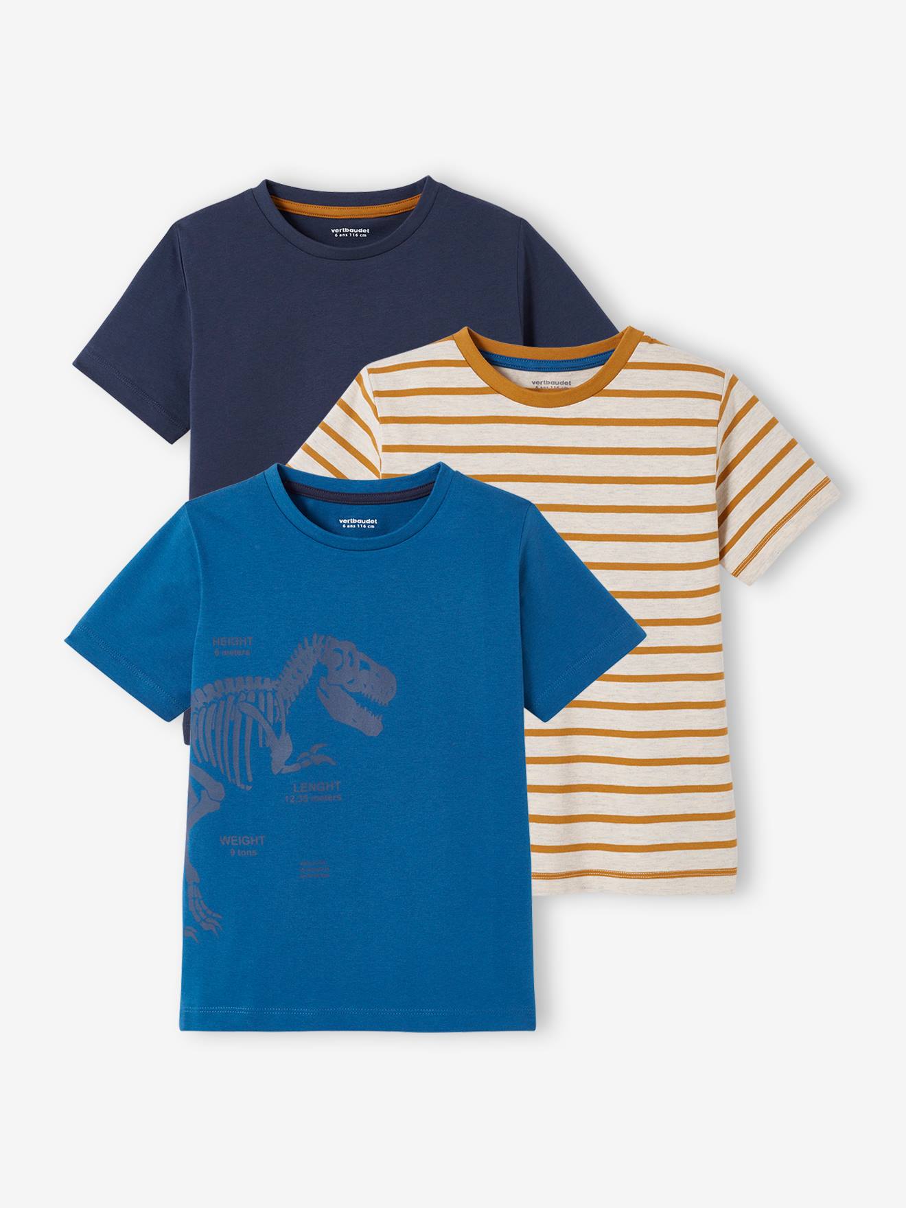 Set van 3 geassorteerde jongens-T-shirts met korte mouwen set pauwenblauw